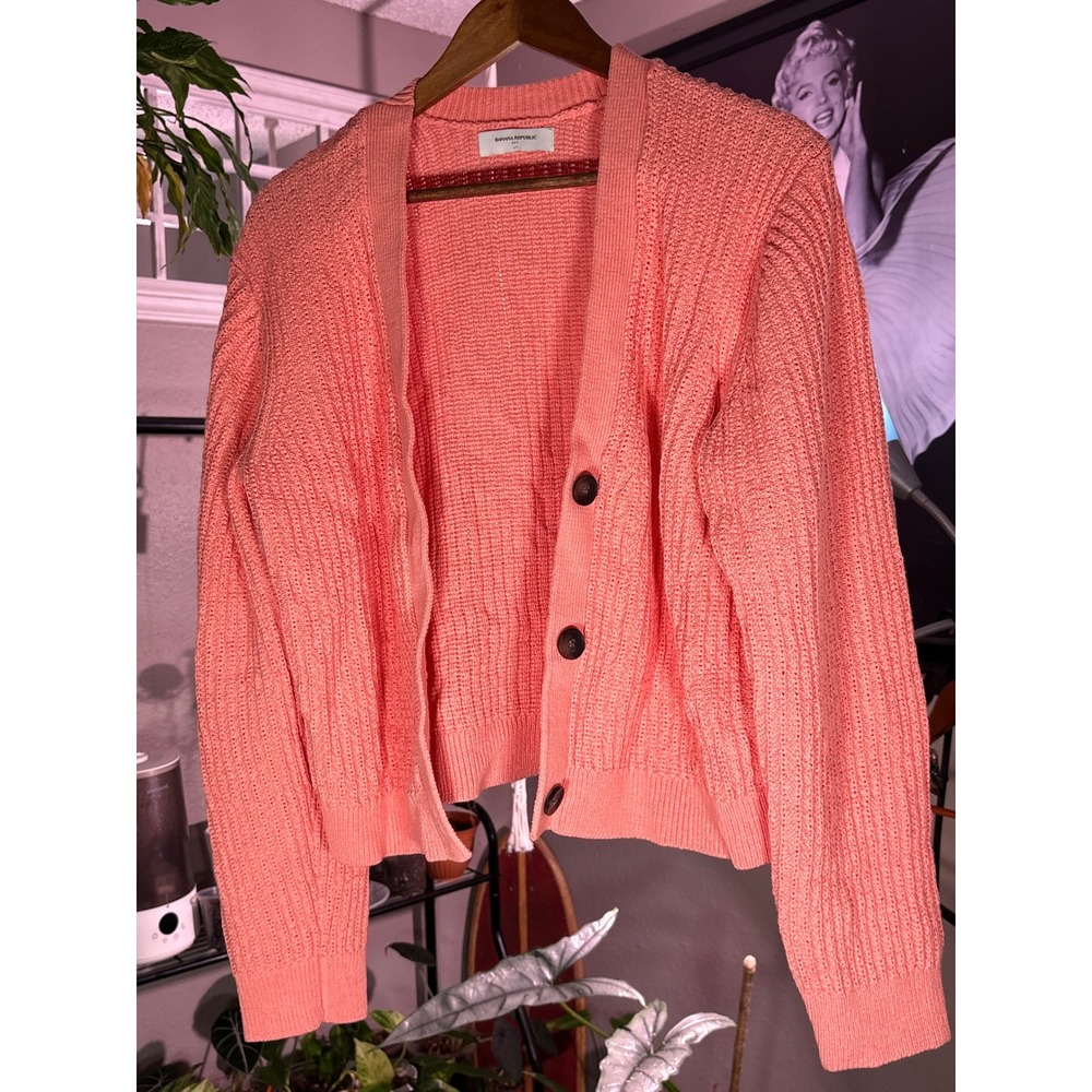 Banana Republic Cardigan Women XL Pink Button Front Ribbed Knit Sweater Coastal - Picture 2 of 11